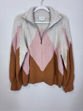 The Great Outdoors Pink, Brown & Grey Geometric Lambwool Zip Sweater XL
